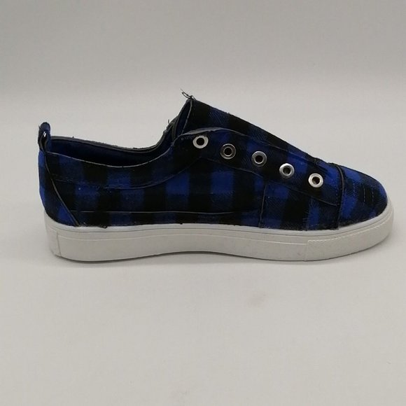 Womens Slip On Sneakers Blue Black Checked Low Top Round Toe Flat Heel 6.5‎ NEW - Picture 2 of 8